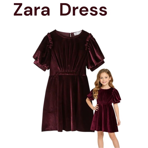 Zara Other - Zara Girls Velvet Ruffle Puff Sleeve Elegant Dress - Burgundy